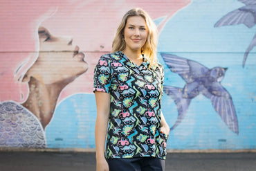 Softies Women's Dino Party Slim Fit Fun Scrub Top DPOT01 Simply Scrubs Australia