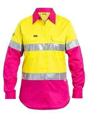 Bisley Workwear Work Wear YELLOW/PINK (TT33) / 8 BISLEY WORKWEAR WOMENS 3M TAPED COOL LIGHTWEIGHT HI VIS SHIRT - LONG SLEEVE BL6696T