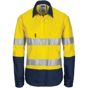 DNC Workwear Work Wear Yellow/Navy / 6 DNC WORKWEAR Women’s Hi-Vis 3 Way Cool-Breeze Long Sleeve Cotton Shirt with Gusset Sleeve, 3M Reflective Tape 3749
