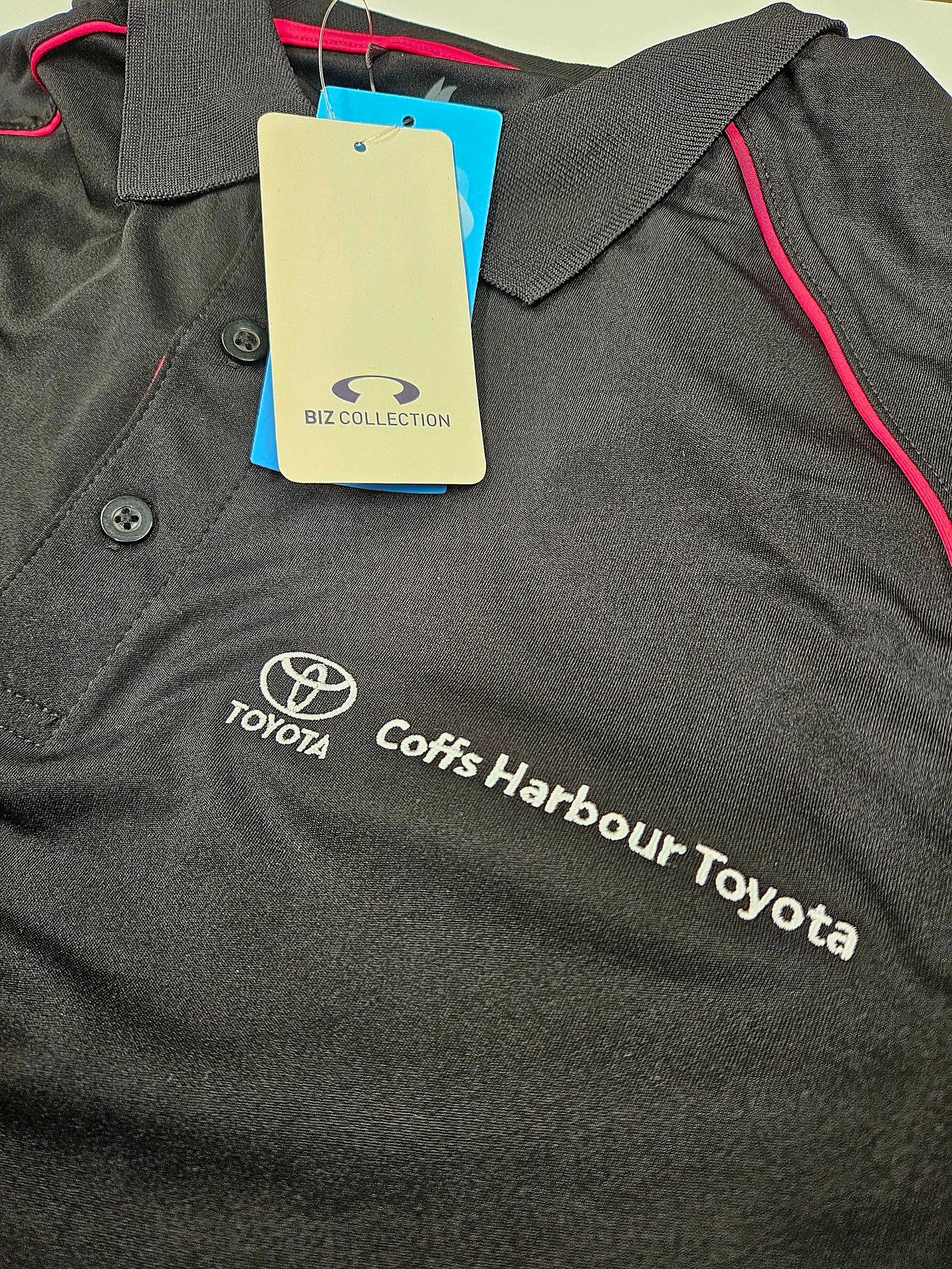 Black corporate polo shirt with embroidered Toyota Coffs Harbour
