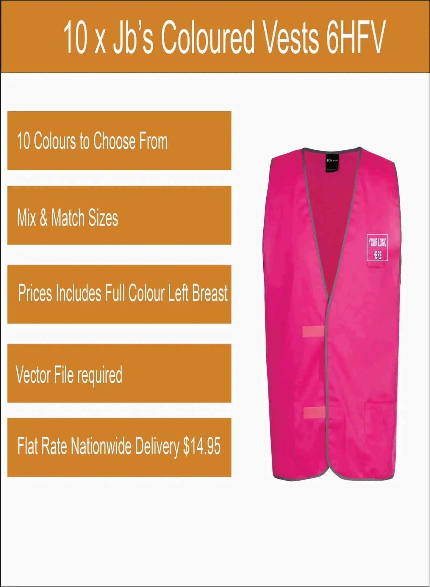 10 x Jb’s Printed Coloured Vests 6HFV Printed Packs