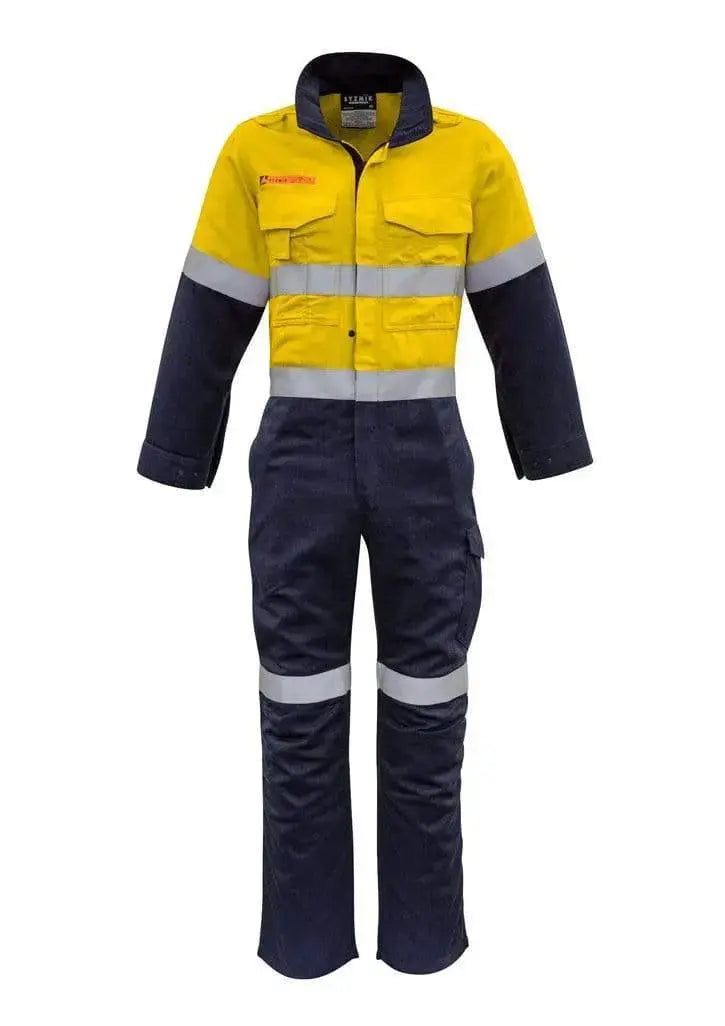 SYZMIK men's orange flame hrc-2 hoop taped spliced overall ZC525 Metro Workwear.